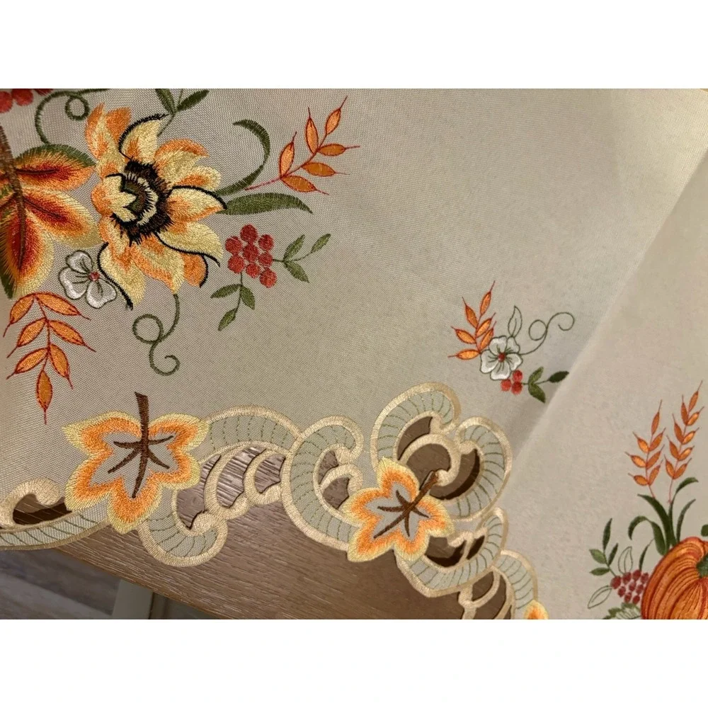 Embroidered Autumn Leaves & Flowers Cut Out Mantle Runner~64